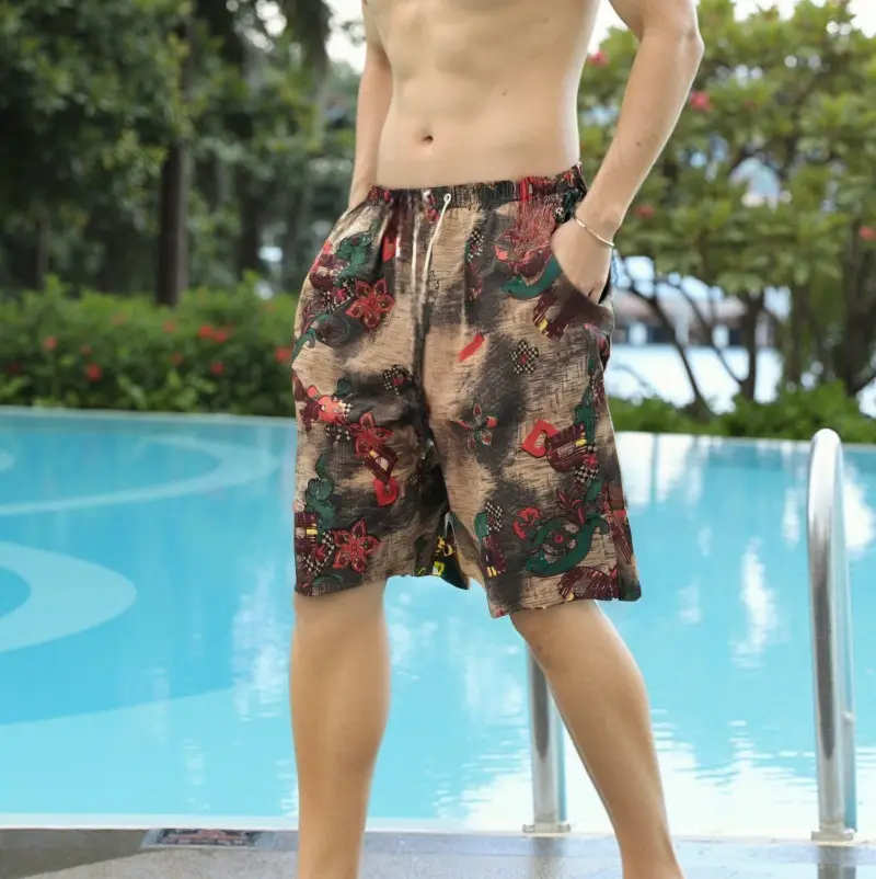 Men's Elephant Print Beach Shorts Black Large - Image 26
