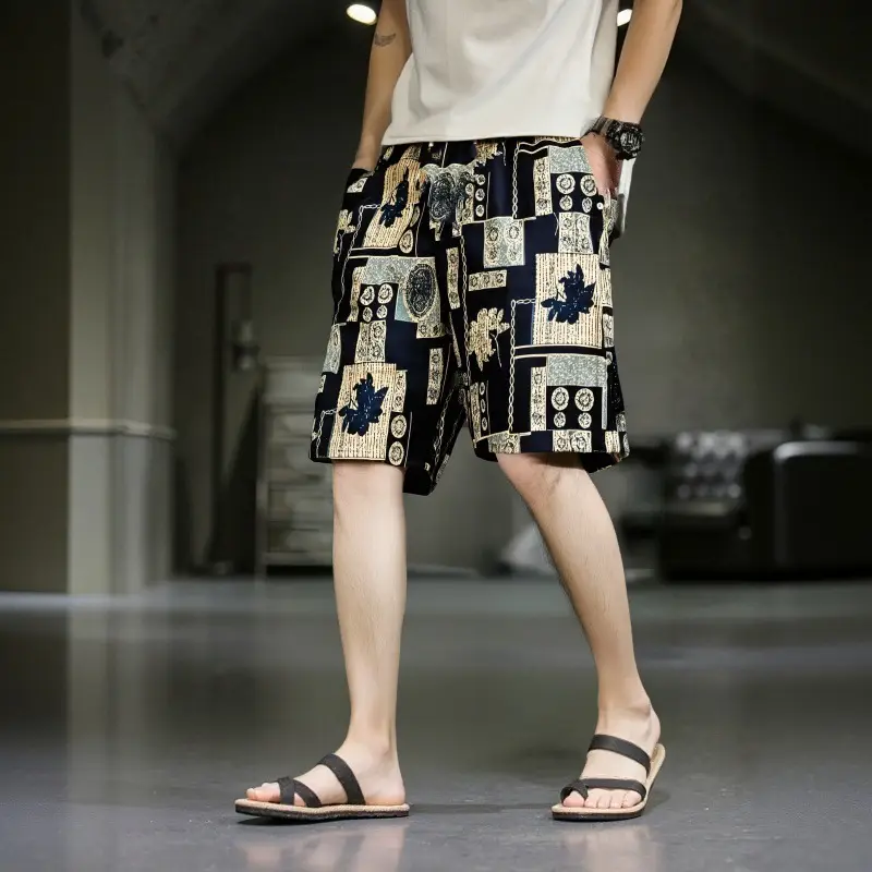 Men's Elephant Print Beach Shorts Black Large - Image 4