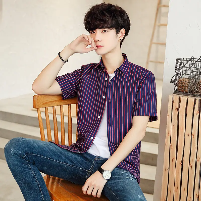 Men Striped Short Sleeve Shirt White Blue Youth - Image 9