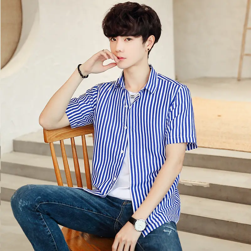 Men Striped Short Sleeve Shirt White Blue Youth - Image 10