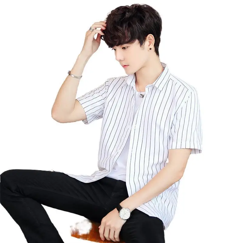 Men Striped Short Sleeve Shirt White Blue Youth - Image 12