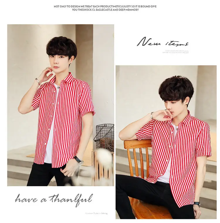 Men Striped Short Sleeve Shirt White Blue Youth — feature 11