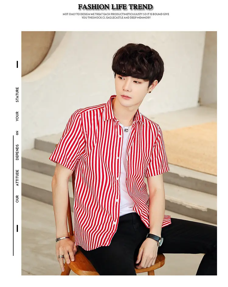 Men Striped Short Sleeve Shirt White Blue Youth — feature 12