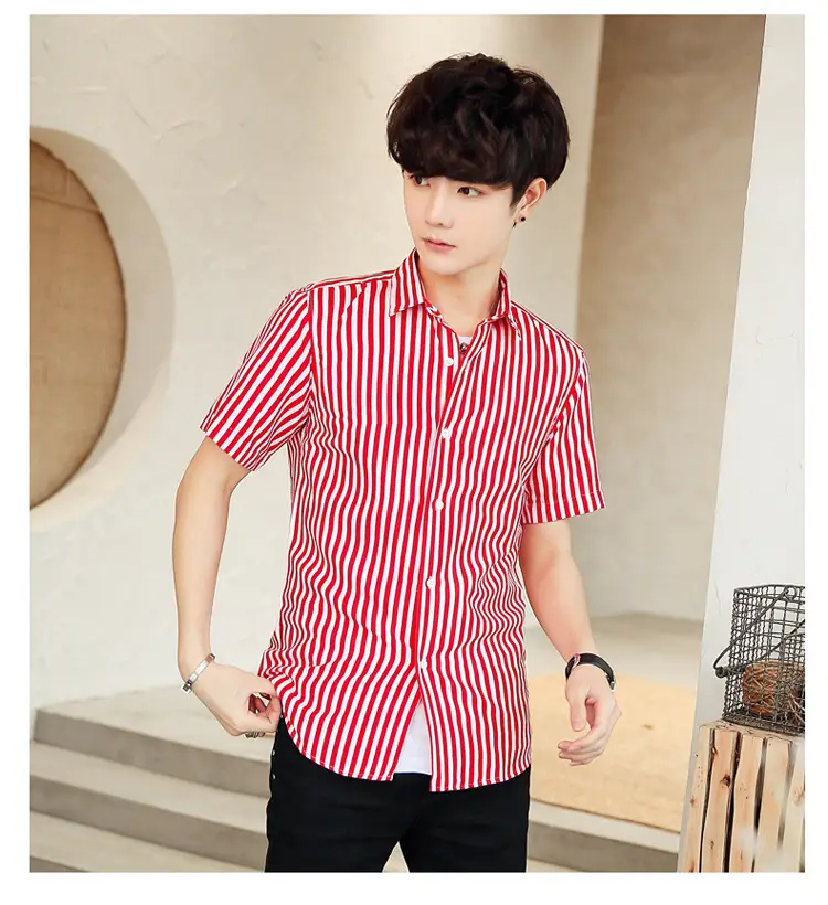 Men Striped Short Sleeve Shirt White Blue Youth — feature 14