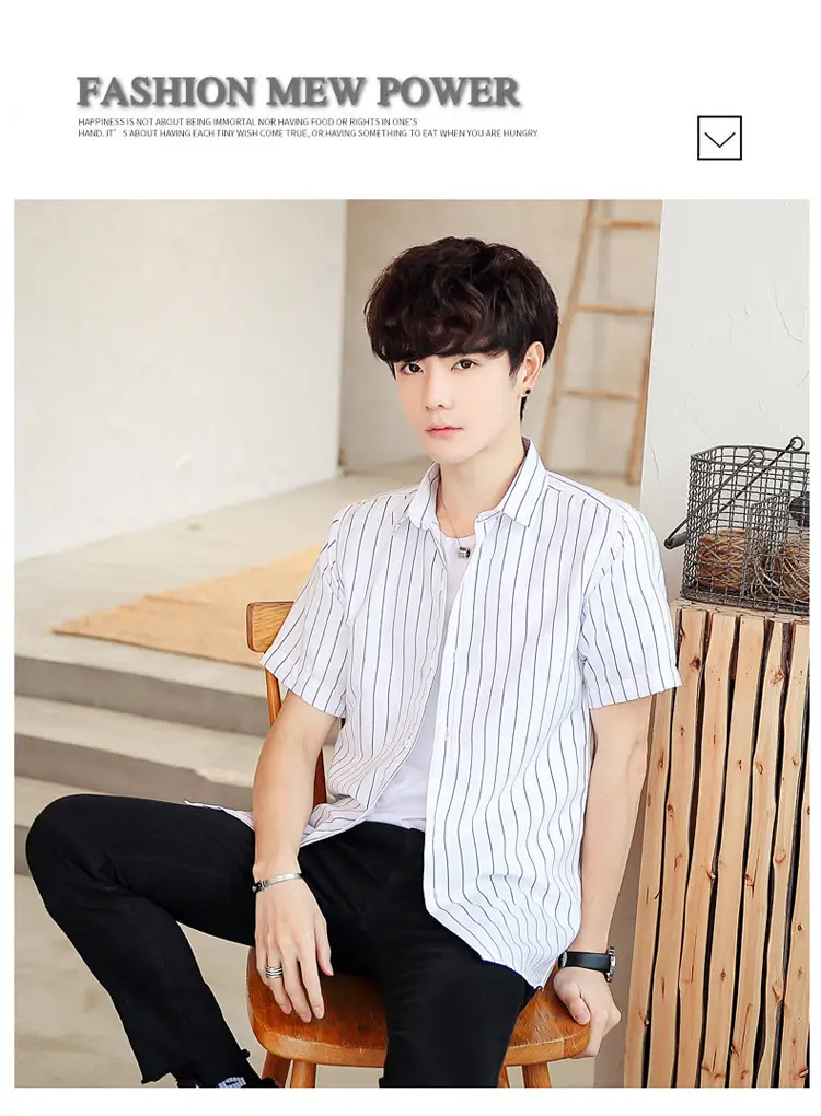 Men Striped Short Sleeve Shirt White Blue Youth — feature 15