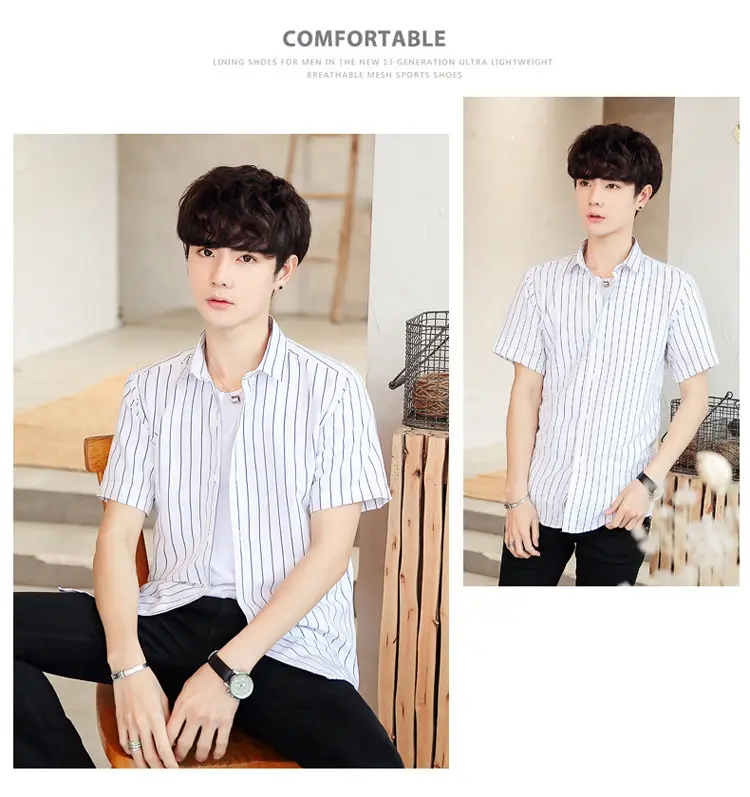 Men Striped Short Sleeve Shirt White Blue Youth — feature 16