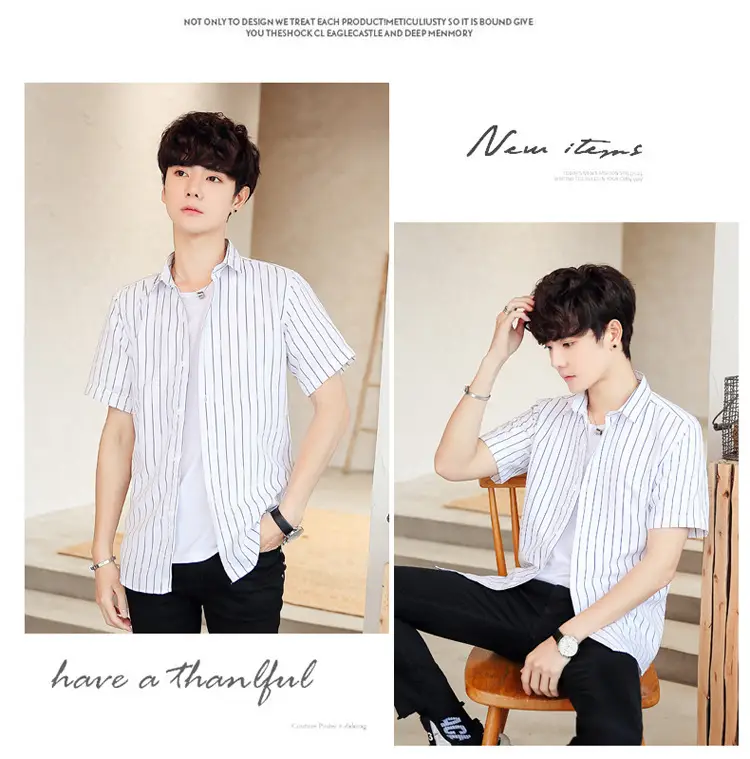 Men Striped Short Sleeve Shirt White Blue Youth — feature 18