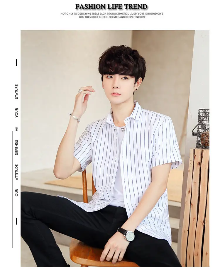 Men Striped Short Sleeve Shirt White Blue Youth — feature 19