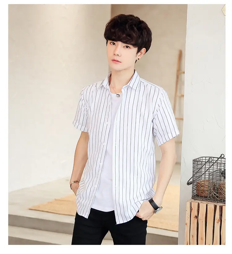 Men Striped Short Sleeve Shirt White Blue Youth — feature 21