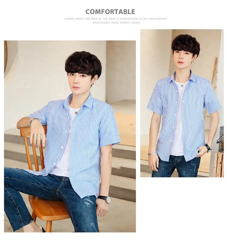 Men Striped Short Sleeve Shirt White Blue Youth — feature 23