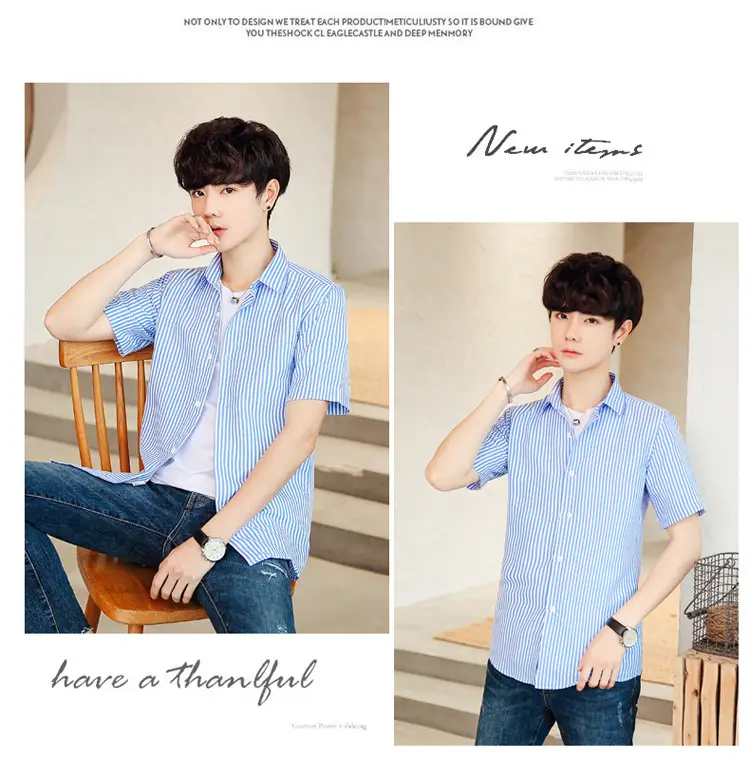 Men Striped Short Sleeve Shirt White Blue Youth — feature 25
