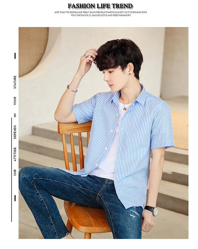 Men Striped Short Sleeve Shirt White Blue Youth — feature 26