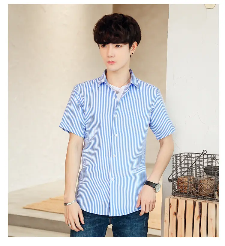 Men Striped Short Sleeve Shirt White Blue Youth — feature 28