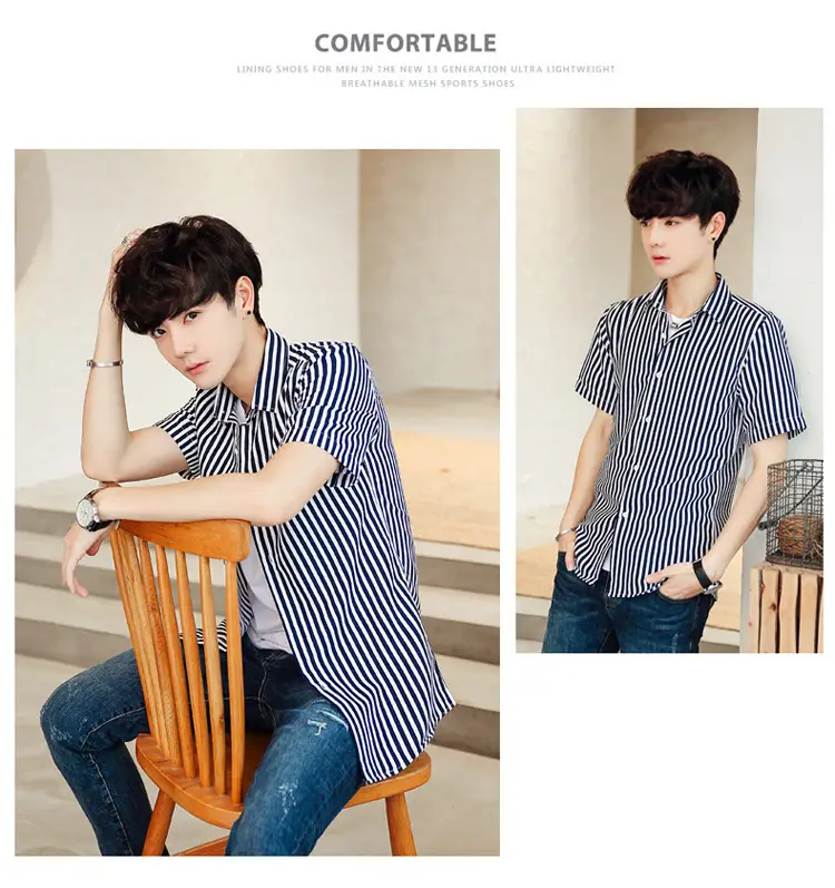 Men Striped Short Sleeve Shirt White Blue Youth — feature 30