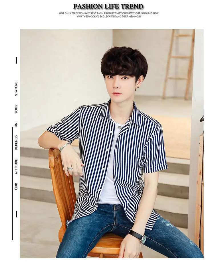 Men Striped Short Sleeve Shirt White Blue Youth — feature 33