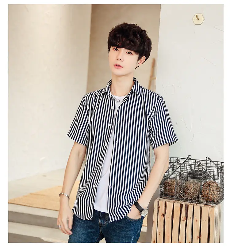 Men Striped Short Sleeve Shirt White Blue Youth — feature 35