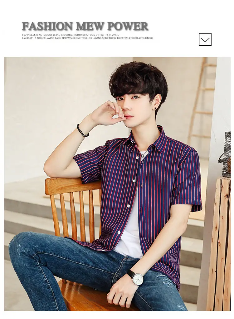 Men Striped Short Sleeve Shirt White Blue Youth — feature 36