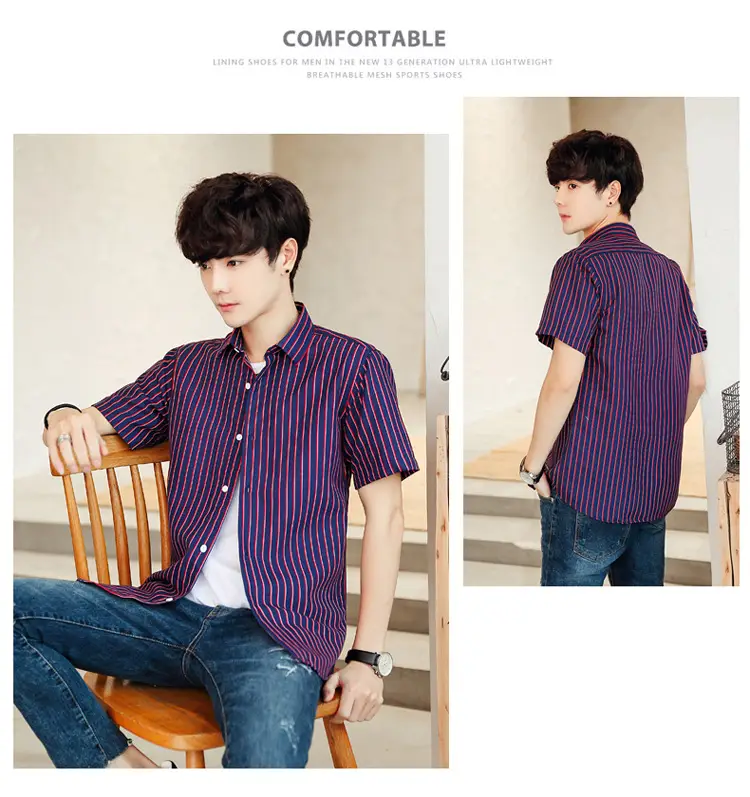 Men Striped Short Sleeve Shirt White Blue Youth — feature 37