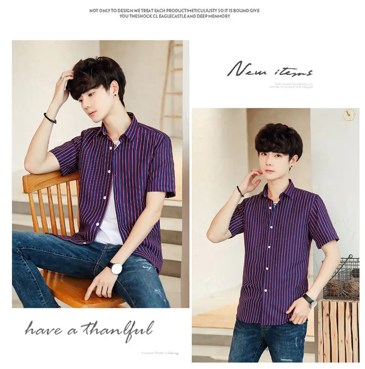 Men Striped Short Sleeve Shirt White Blue Youth — feature 39