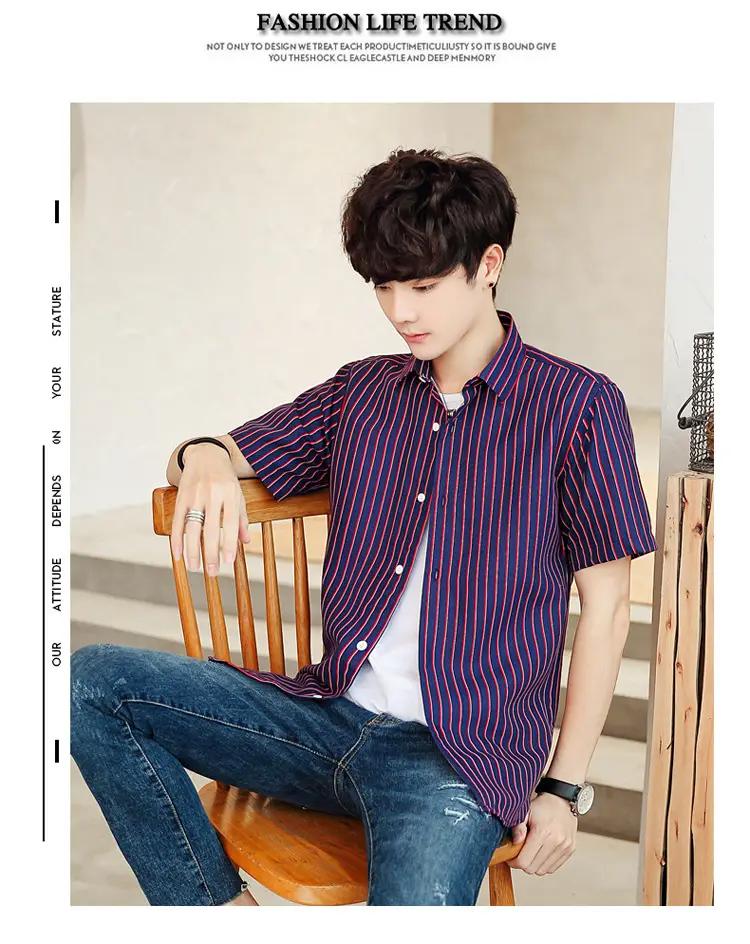 Men Striped Short Sleeve Shirt White Blue Youth — feature 40