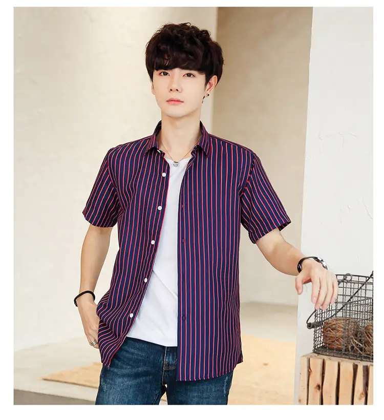 Men Striped Short Sleeve Shirt White Blue Youth — feature 42