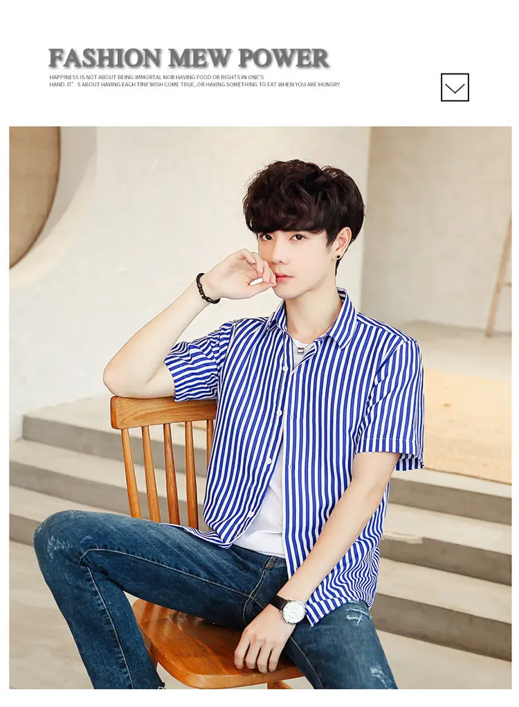 Men Striped Short Sleeve Shirt White Blue Youth — feature 43