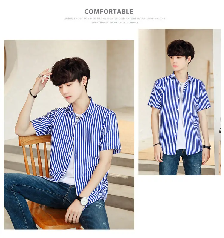 Men Striped Short Sleeve Shirt White Blue Youth — feature 44