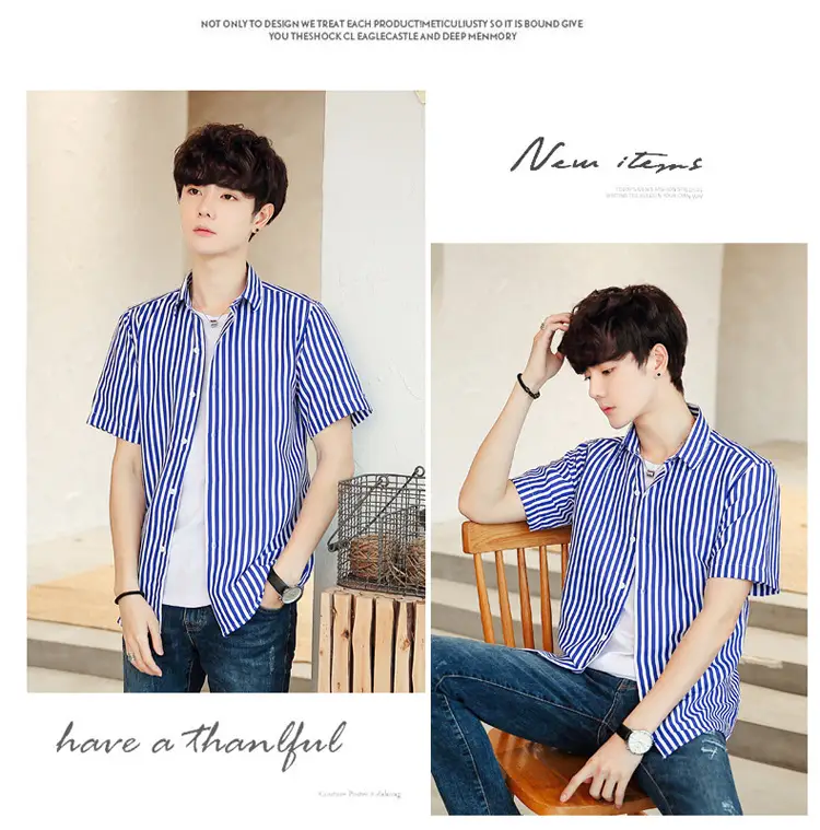 Men Striped Short Sleeve Shirt White Blue Youth — feature 46