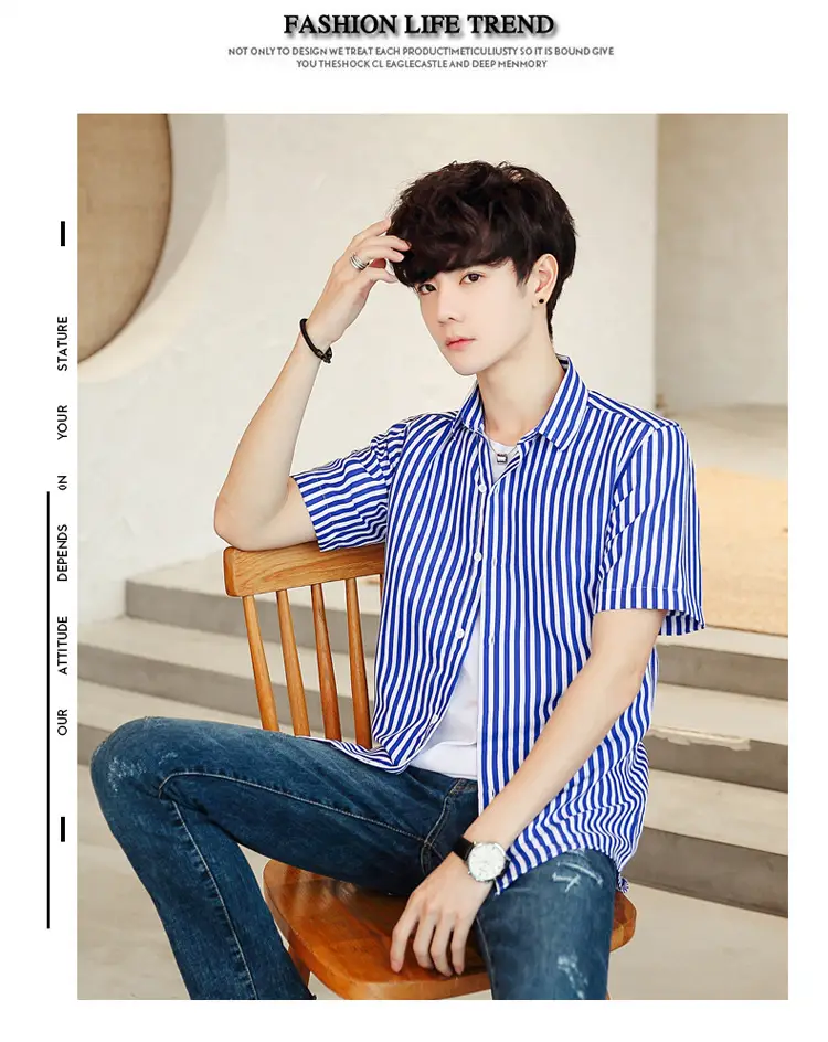 Men Striped Short Sleeve Shirt White Blue Youth — feature 47