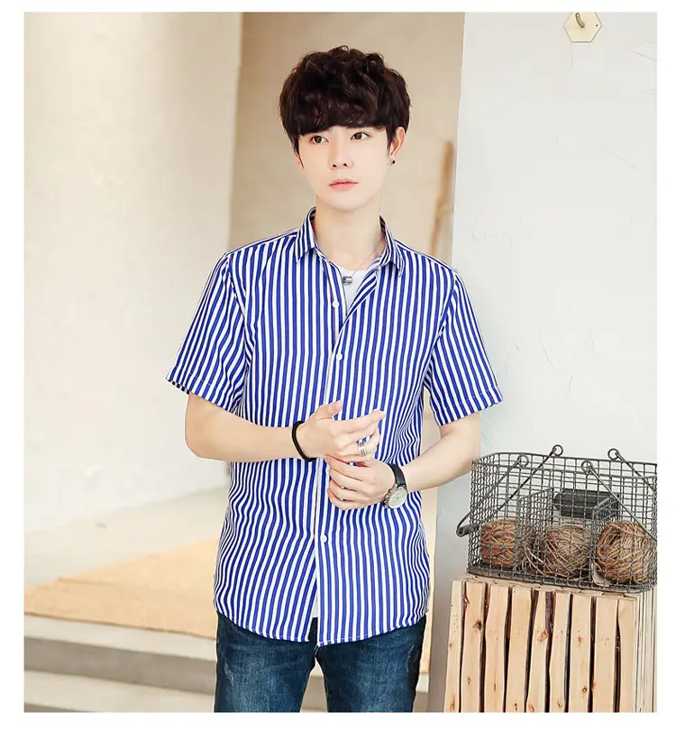 Men Striped Short Sleeve Shirt White Blue Youth — feature 49