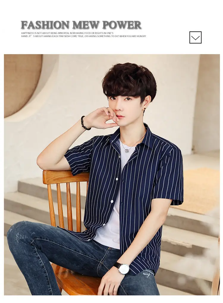 Men Striped Short Sleeve Shirt White Blue Youth — feature 50