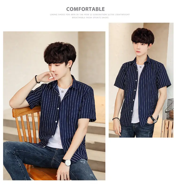 Men Striped Short Sleeve Shirt White Blue Youth — feature 51