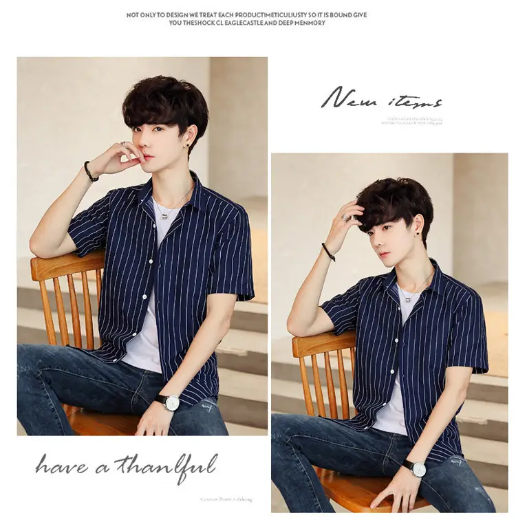 Men Striped Short Sleeve Shirt White Blue Youth — feature 53