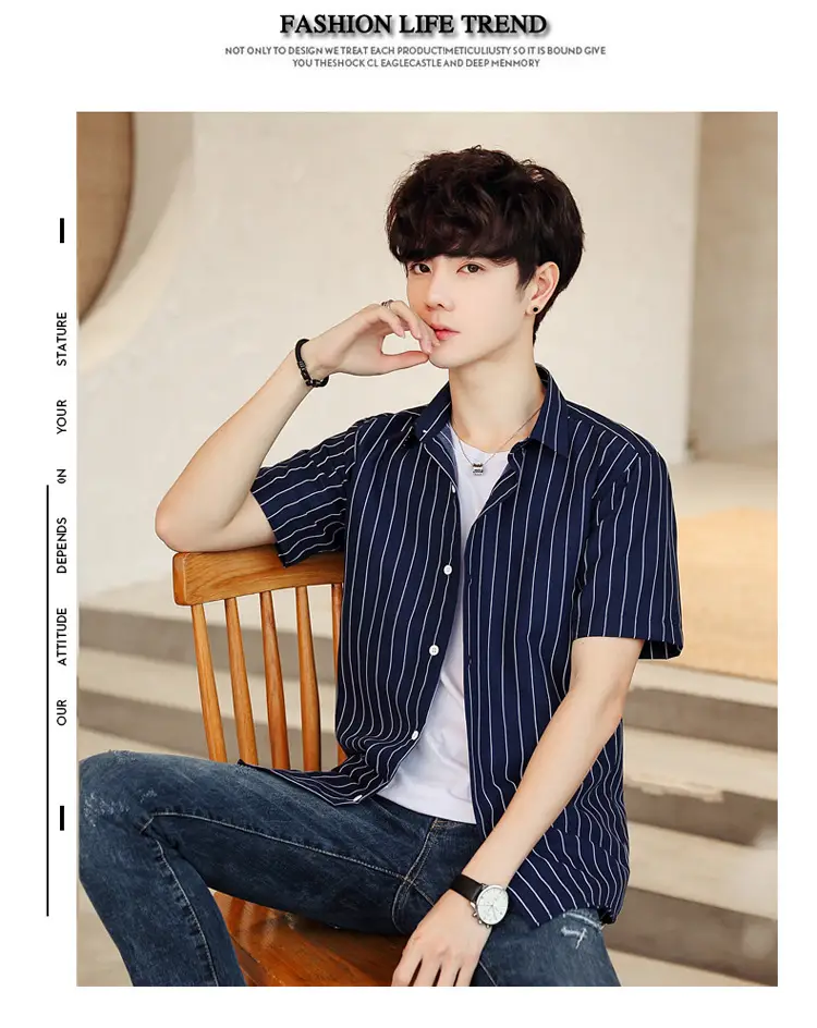 Men Striped Short Sleeve Shirt White Blue Youth — feature 54