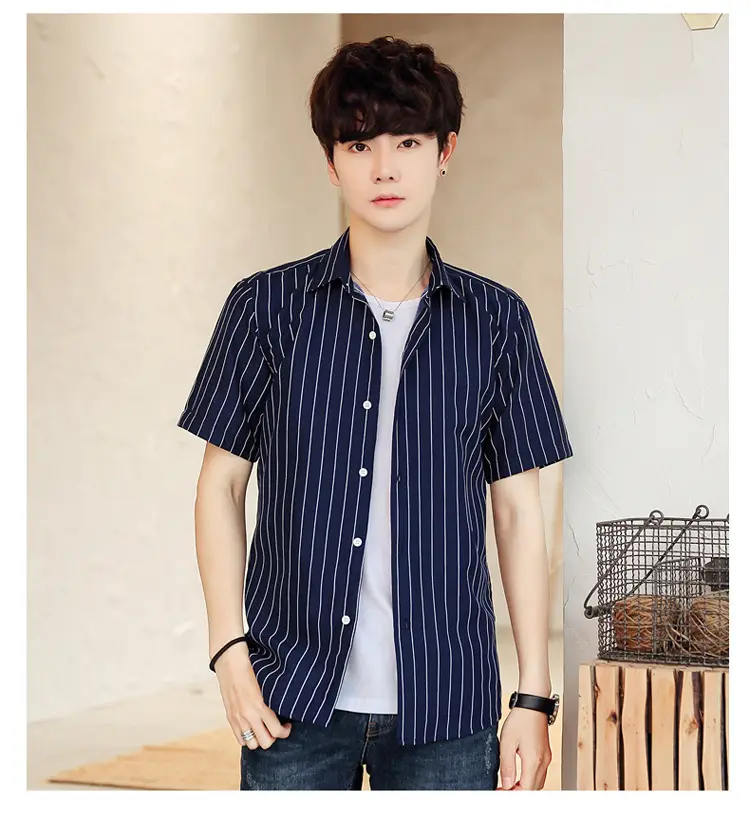 Men Striped Short Sleeve Shirt White Blue Youth — feature 56