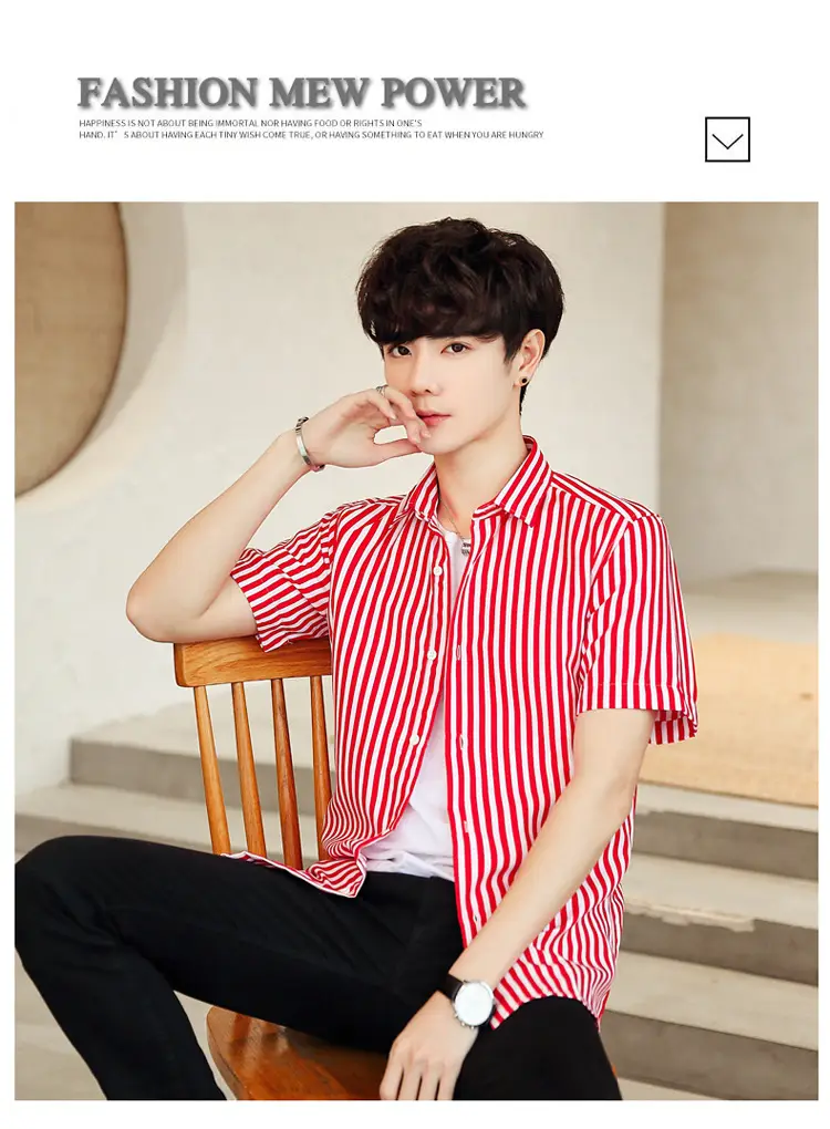 Men Striped Short Sleeve Shirt White Blue Youth — feature 8