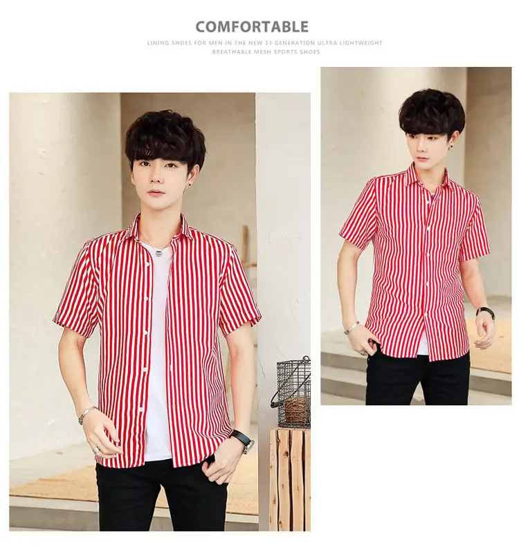 Men Striped Short Sleeve Shirt White Blue Youth — feature 9