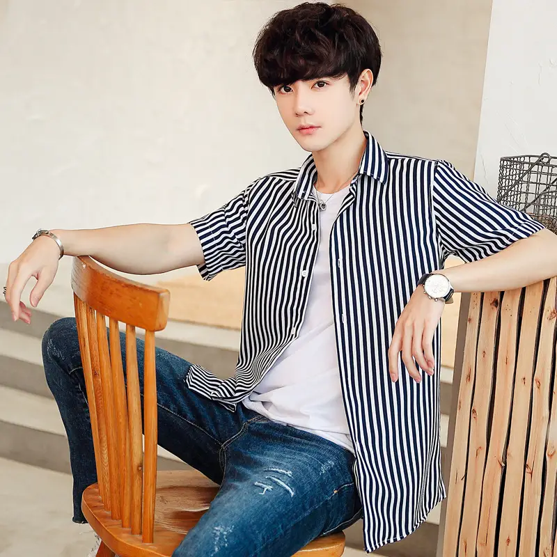 Men Striped Short Sleeve Shirt White Blue Youth - Image 2