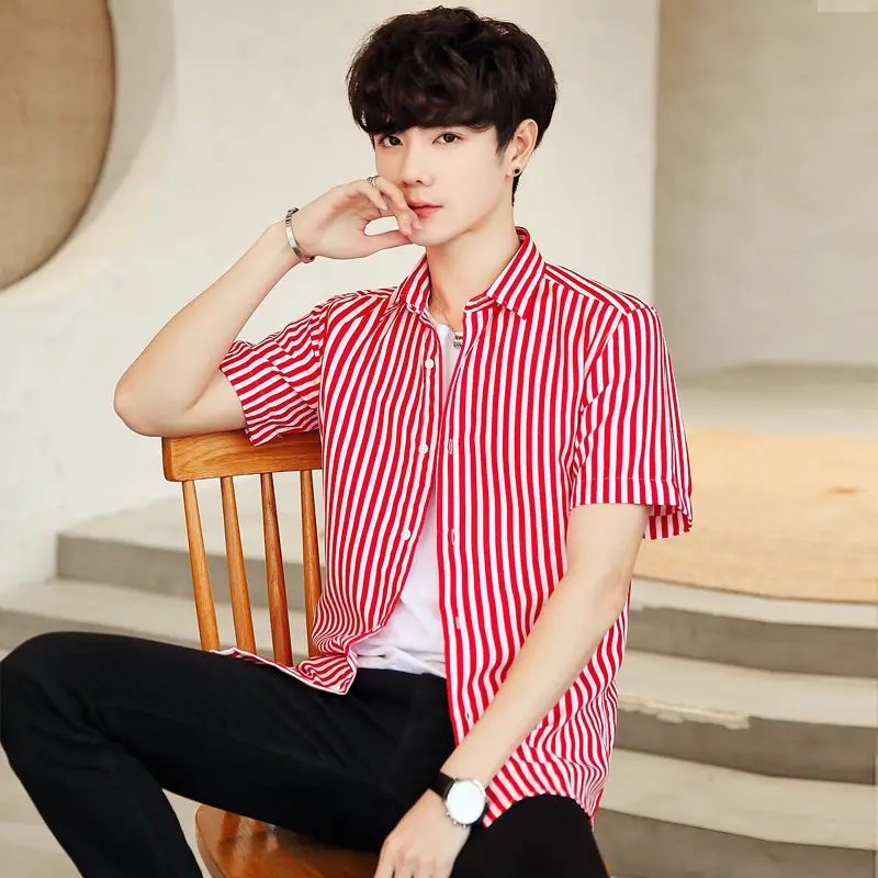 Men Striped Short Sleeve Shirt White Blue Youth - Image 3