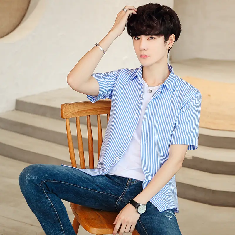 Men Striped Short Sleeve Shirt White Blue Youth - Image 4