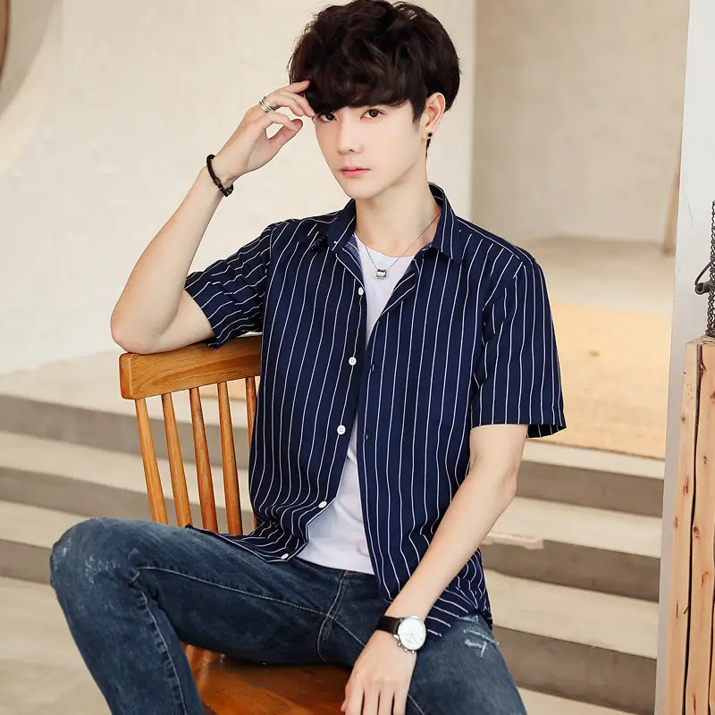 Men Striped Short Sleeve Shirt White Blue Youth - Image 5