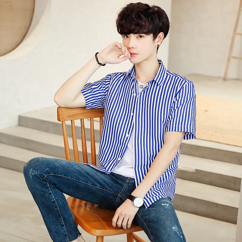Men Striped Short Sleeve Shirt White Blue Youth - Image 6