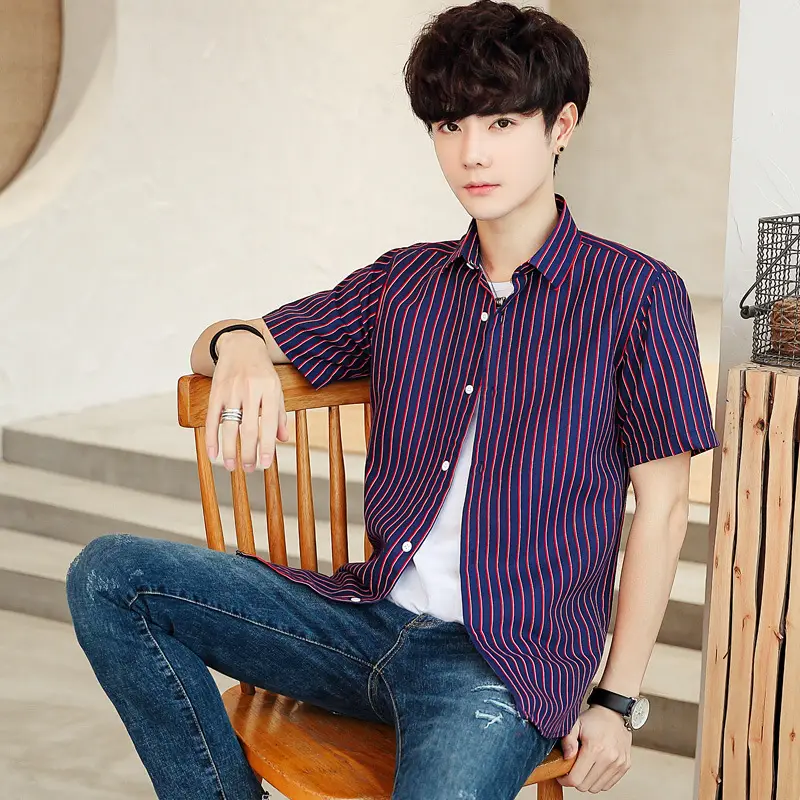 Men Striped Short Sleeve Shirt White Blue Youth - Image 7