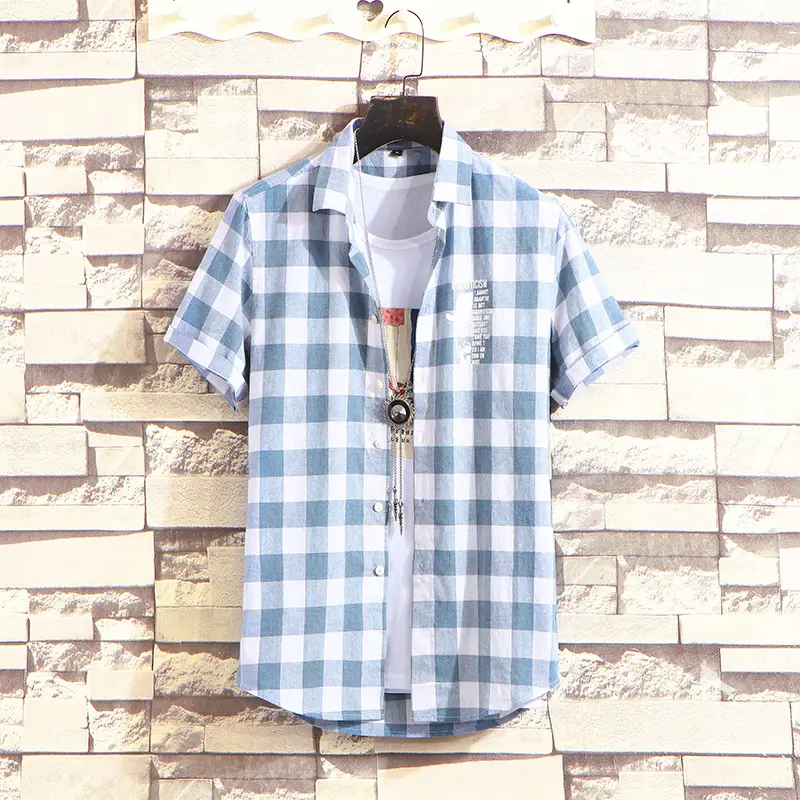 Men's Plaid Half Sleeve Shirt Light Blue - Image 6
