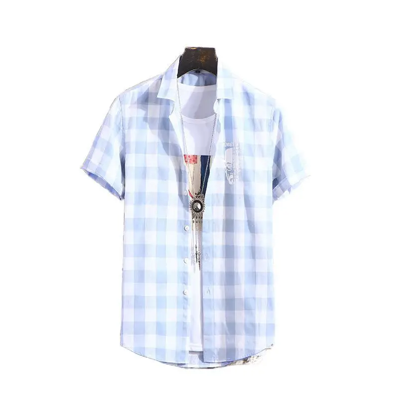 Men's Plaid Half Sleeve Shirt Light Blue - Image 9