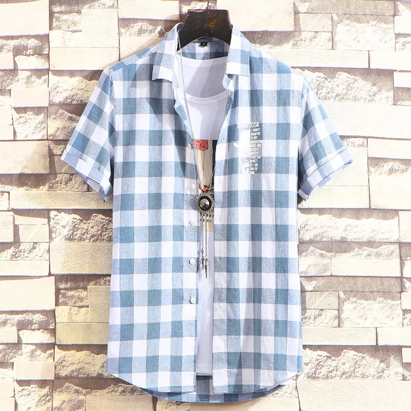 Men's Plaid Half Sleeve Shirt Light Blue - Image 2