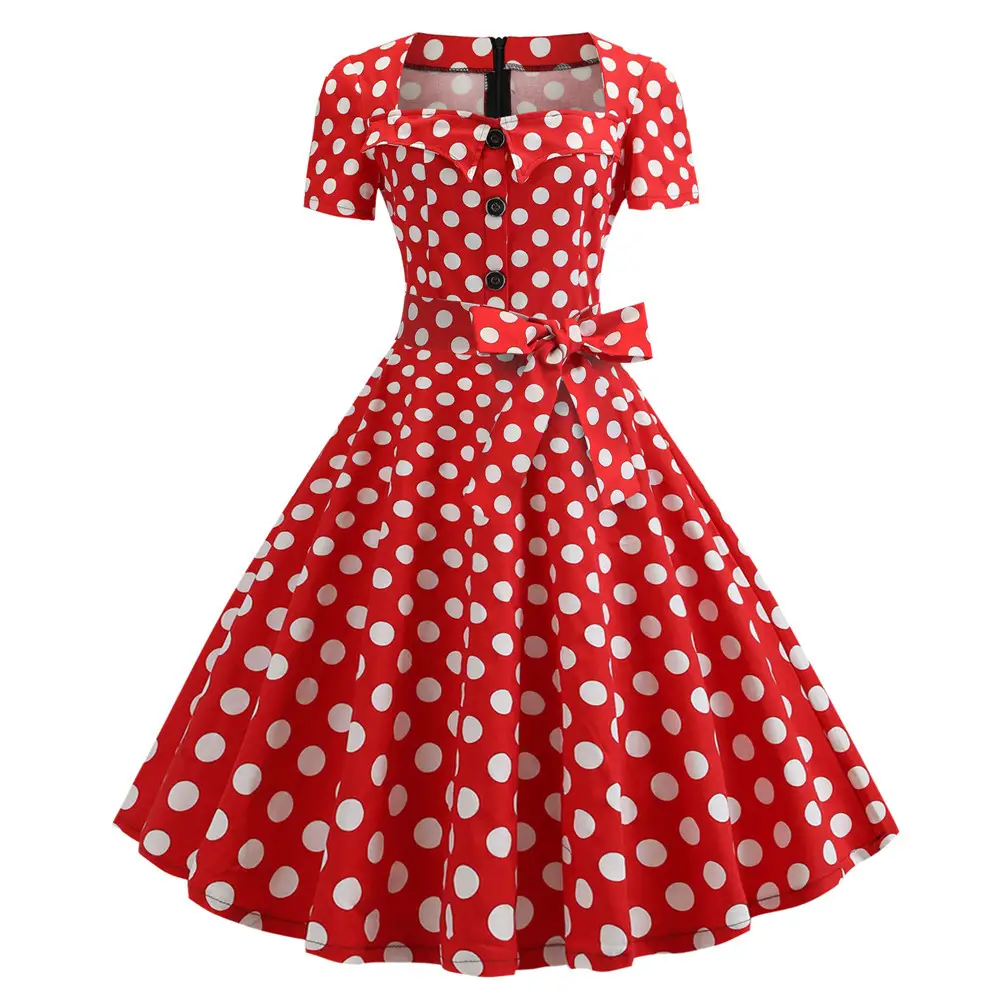 Red Button Polka Dot Swing Dress for Women - Image 6