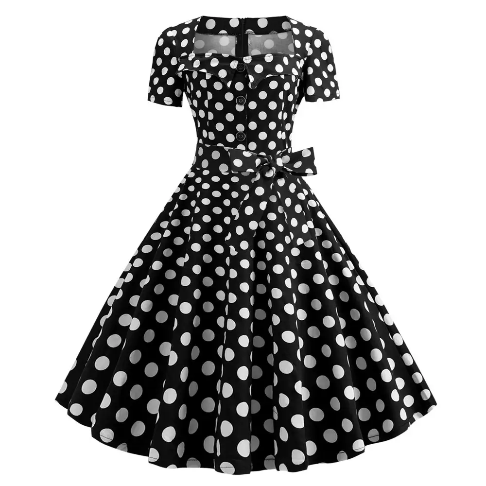 Red Button Polka Dot Swing Dress for Women - Image 8