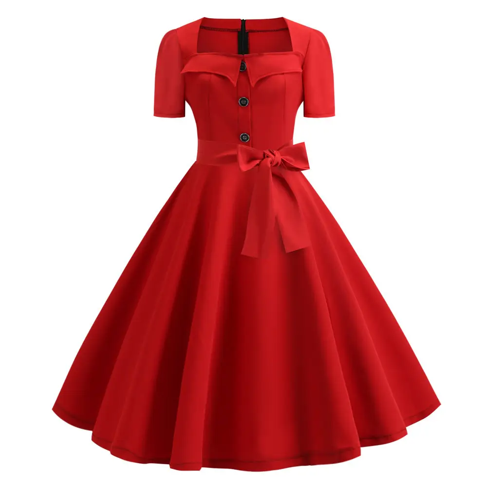 Red Button Polka Dot Swing Dress for Women - Image 10