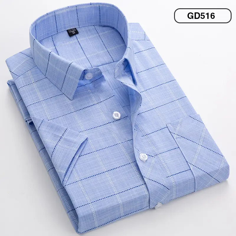 Men Korean Plaid Short Sleeve Shirt Grey - Image 10